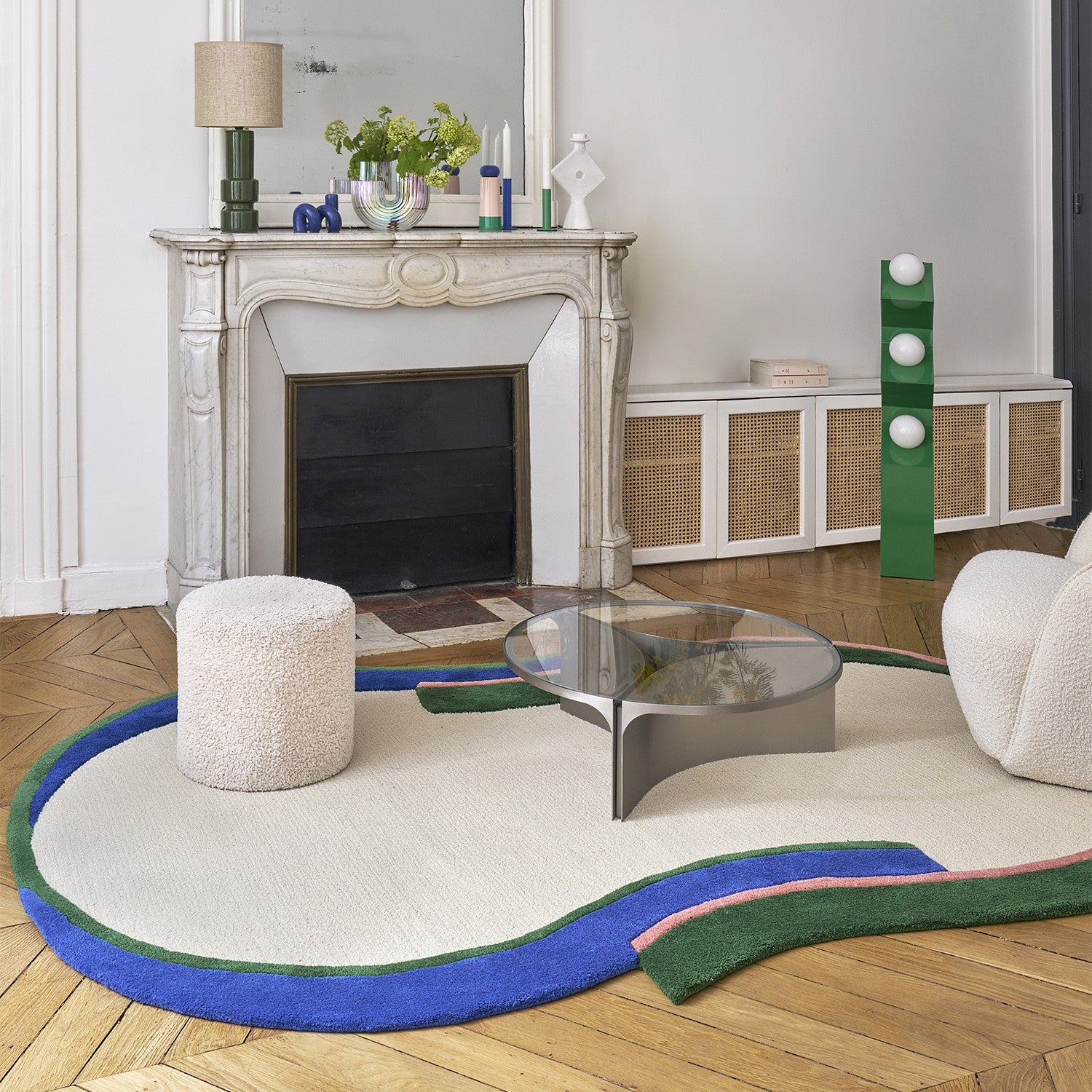 Tapis de salon en laine blanc bleu et vert