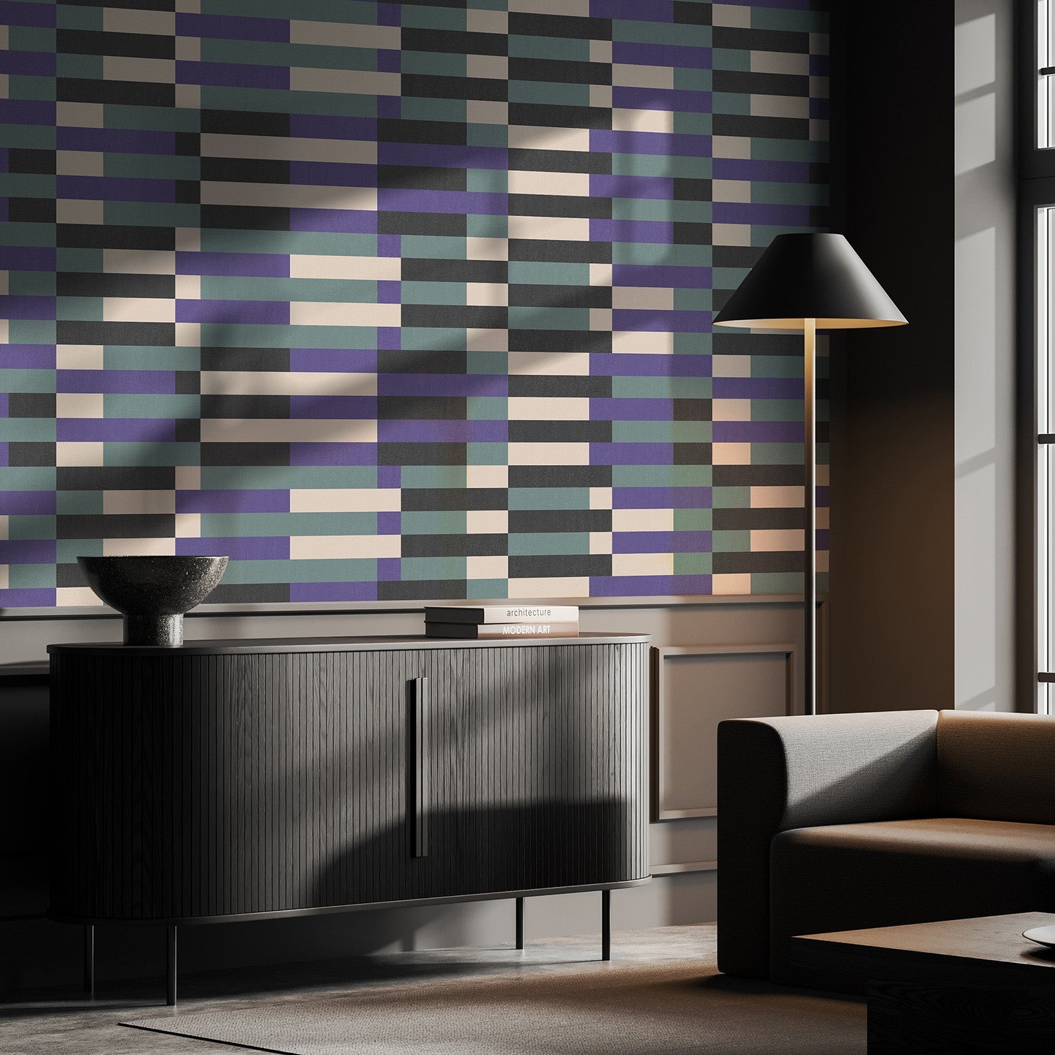 Papier peint violet et vert Bauhaus