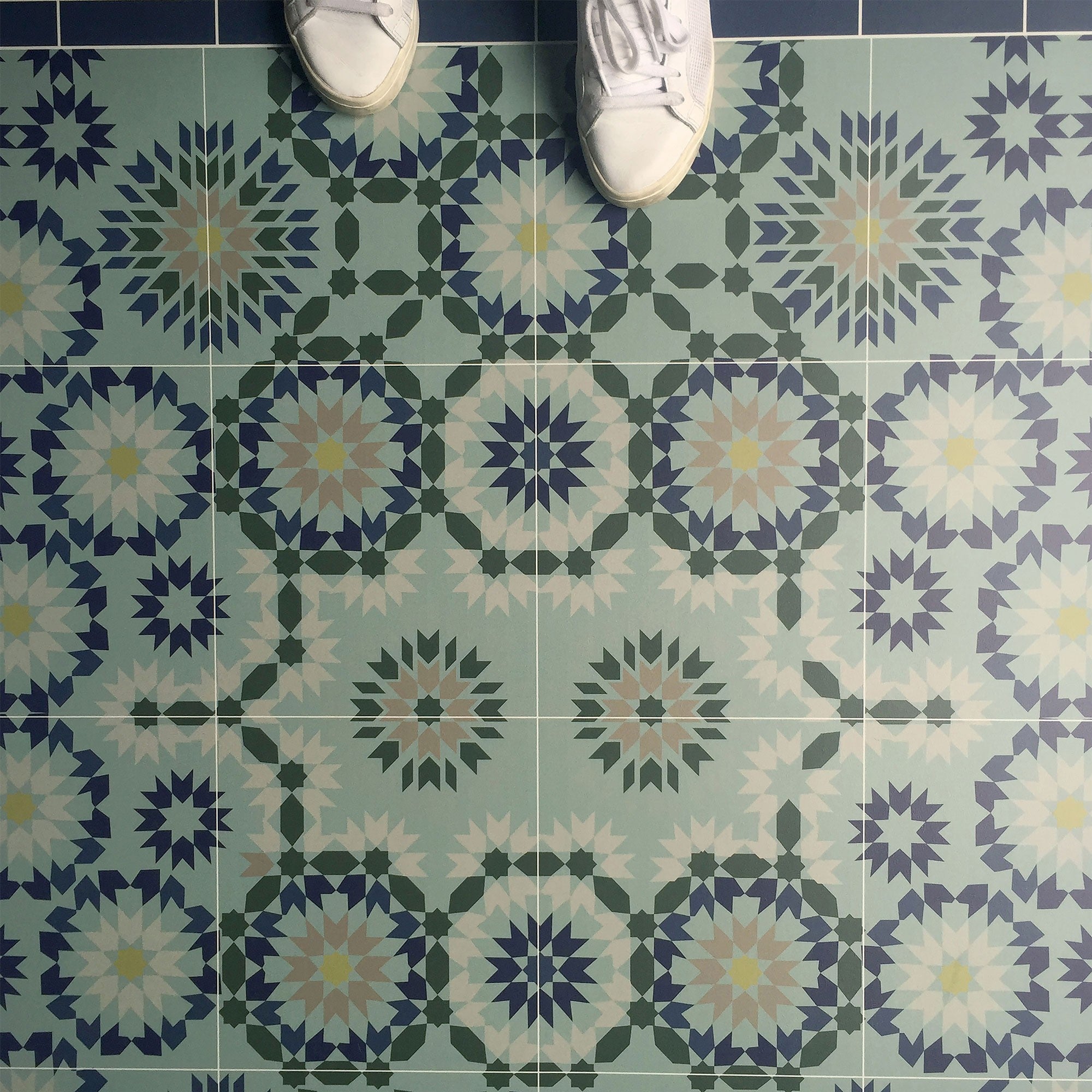 Tanger blue green vinyl rug