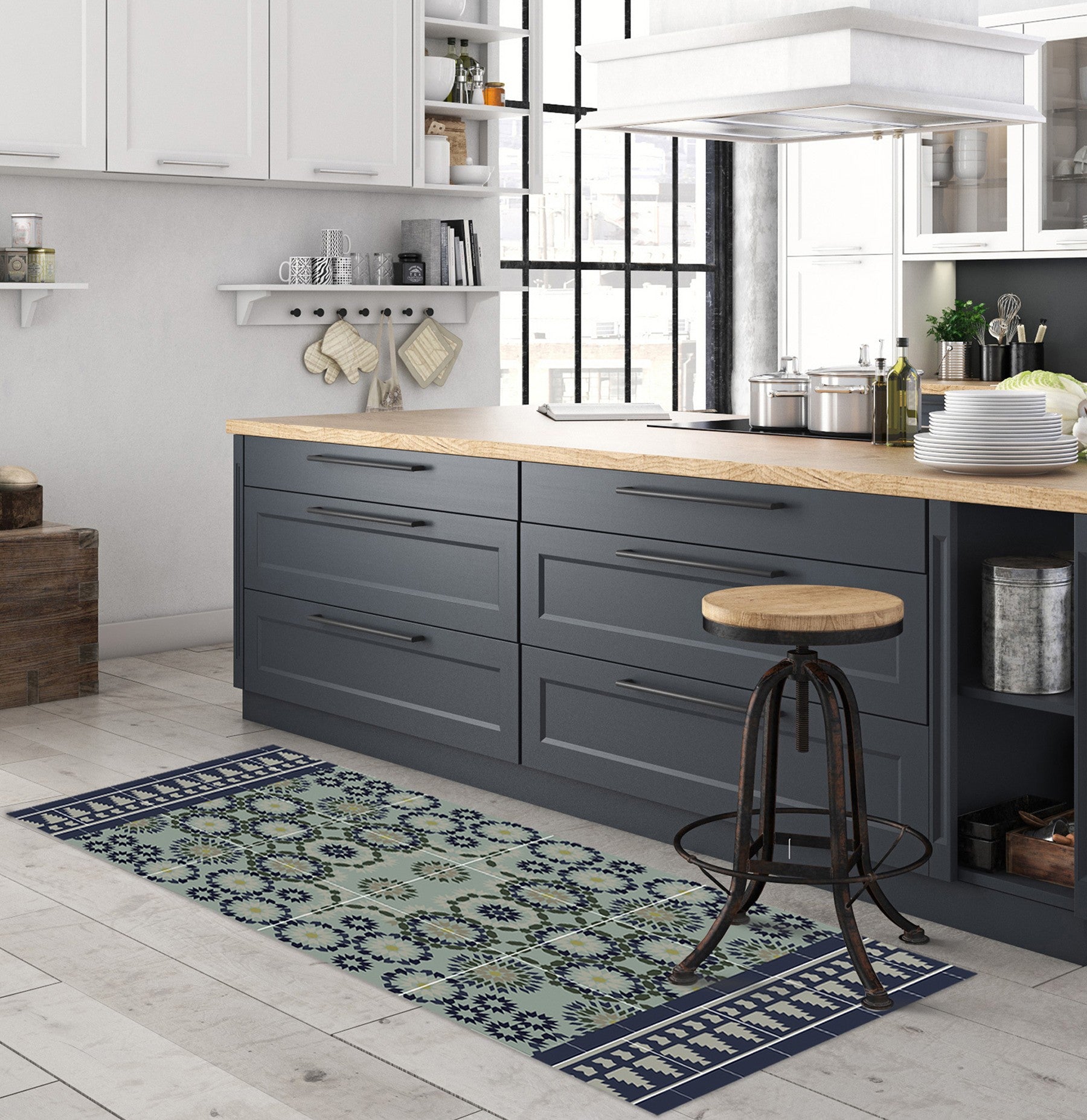 Tanger blue green vinyl rug
