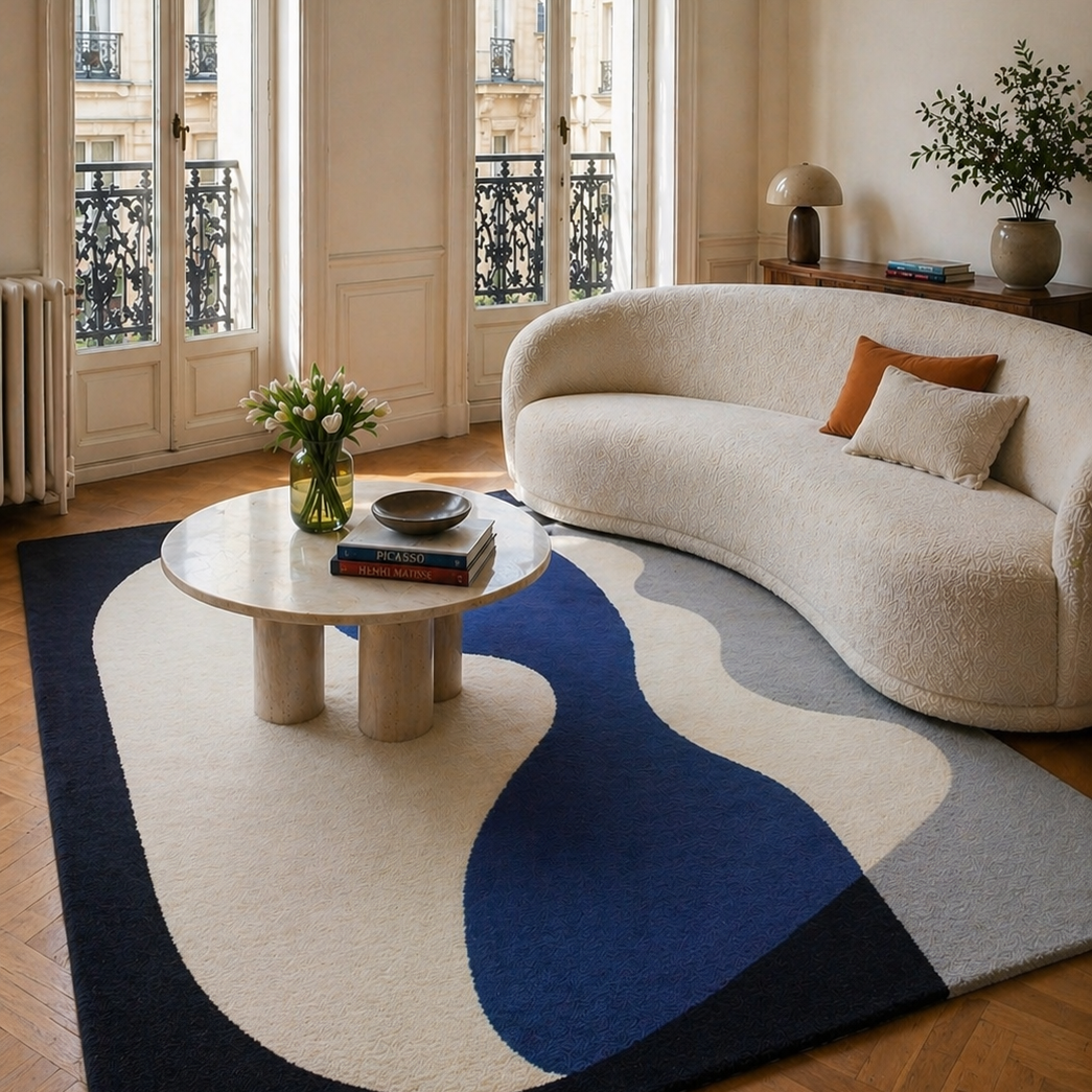 Tapis bleu de salon en laine