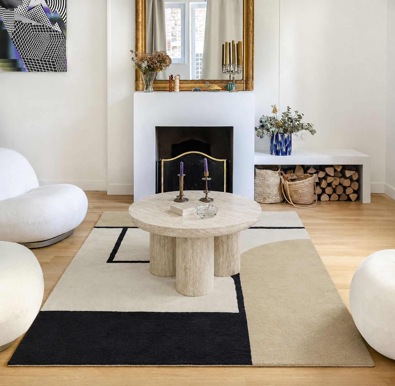 Tapis de salon en laine beige et noir