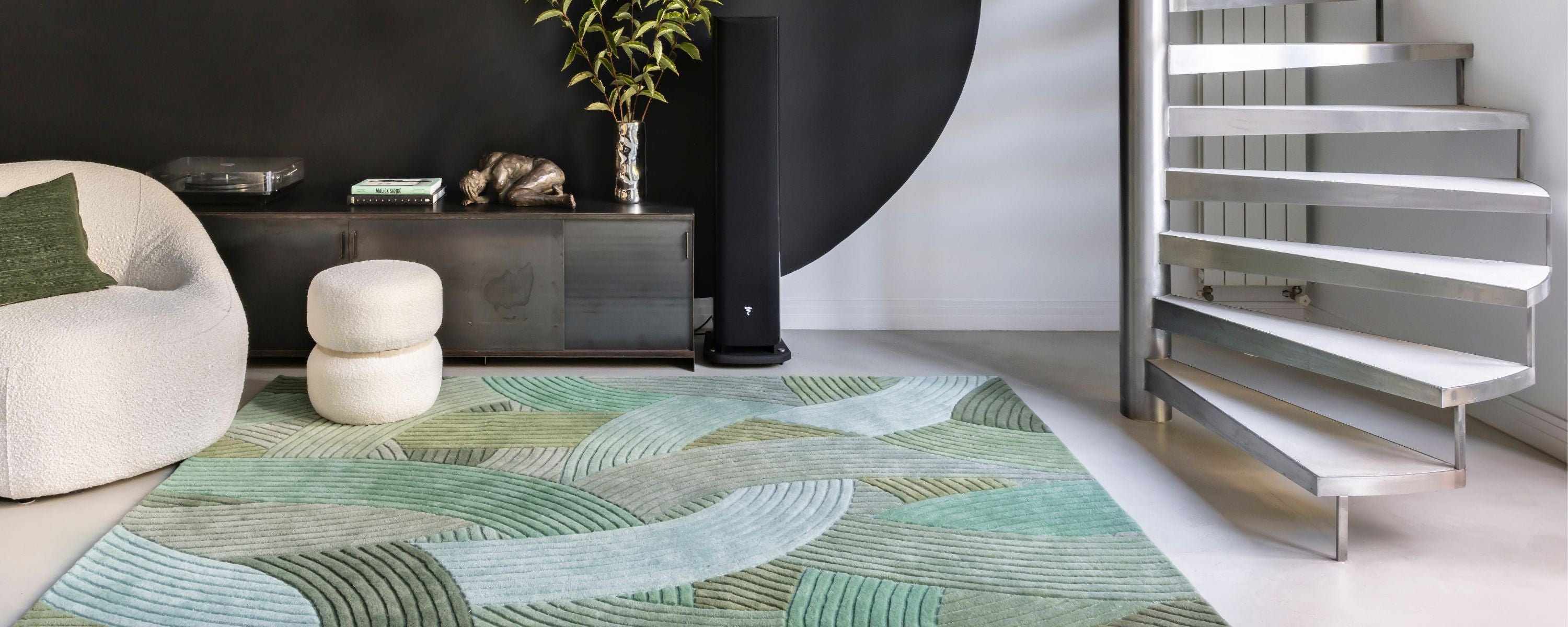 Tapis de salon vert en laine texturé