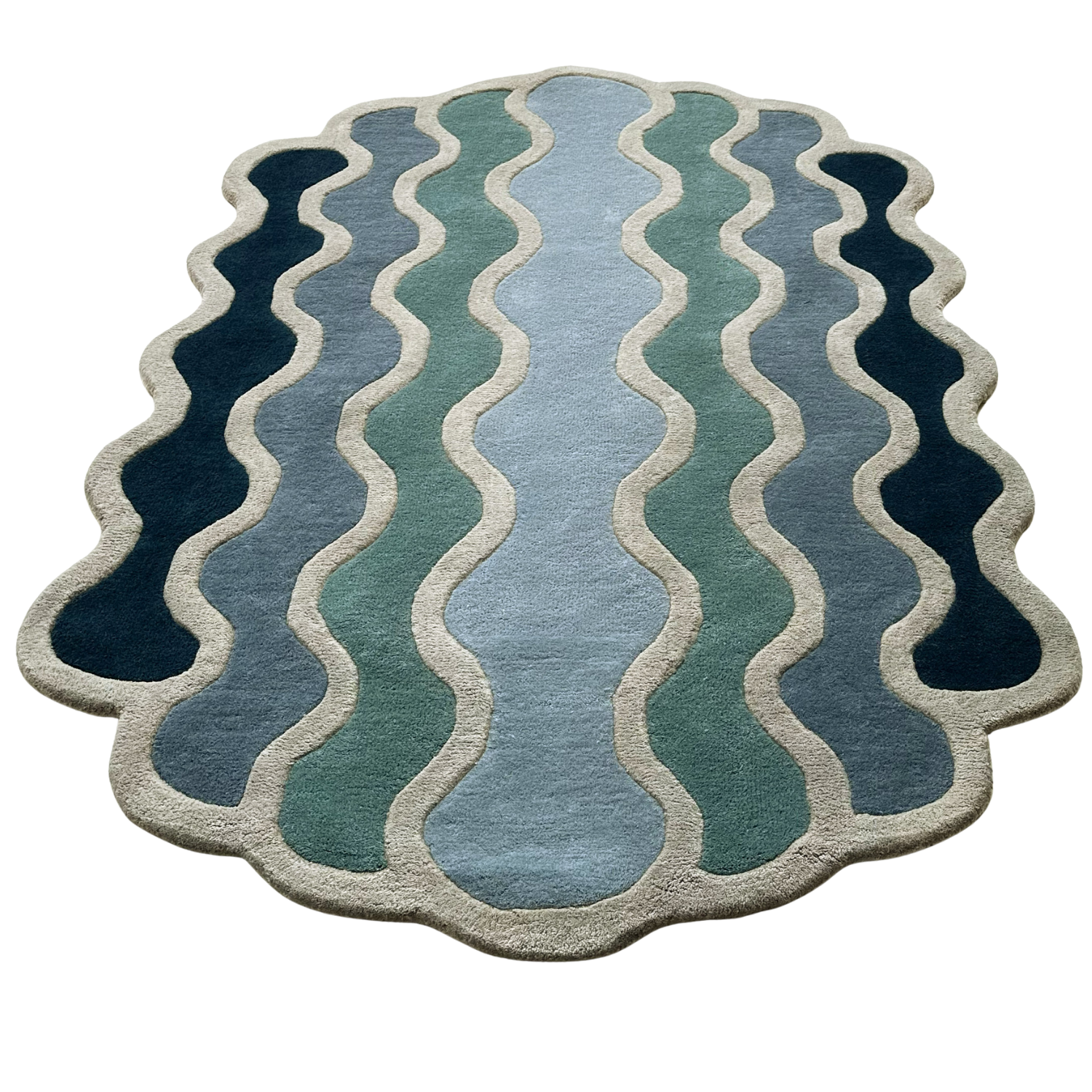 Tapis en laine bleu et gris bord arrondis