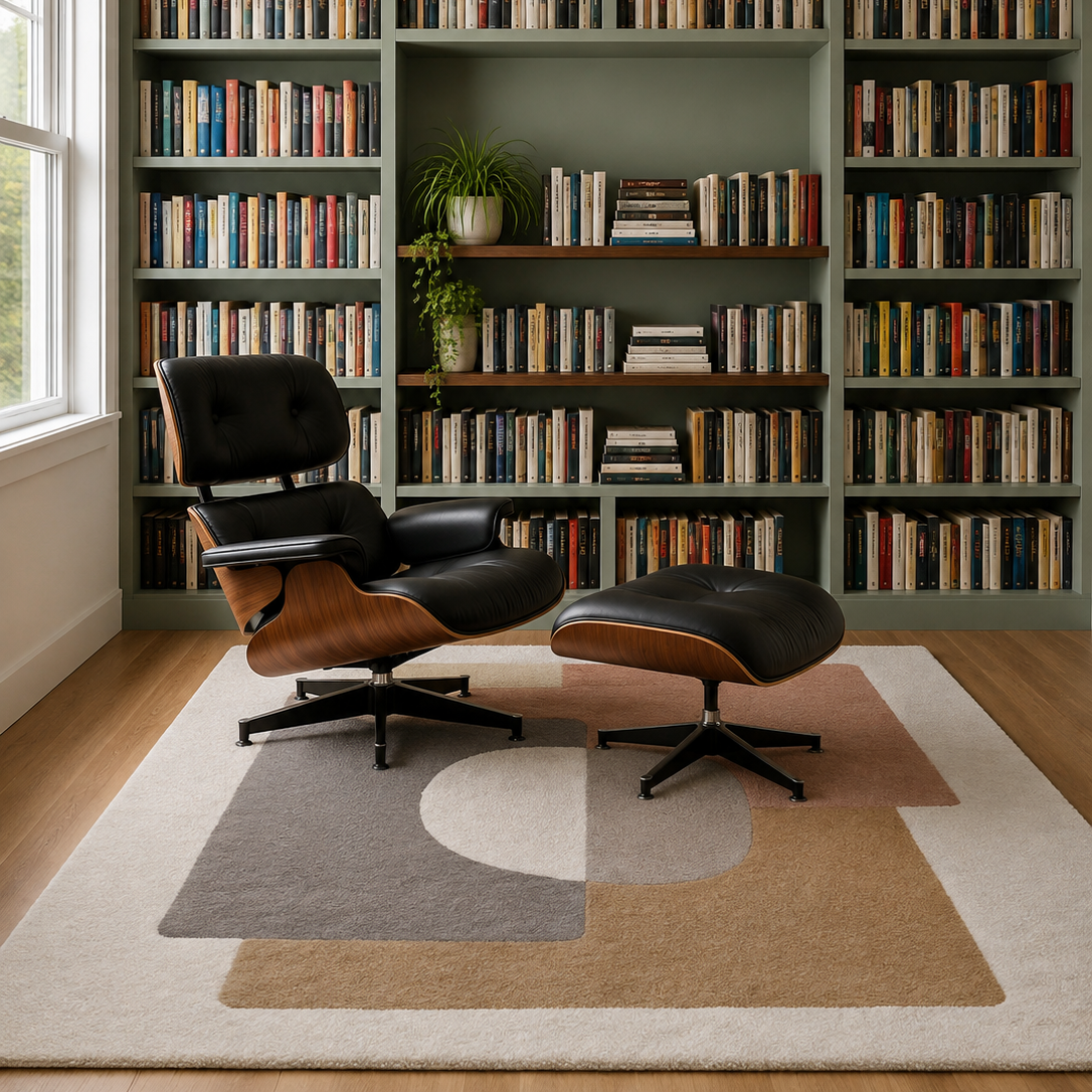 Tapis de salon avec fauteuil en cuir noir et ottoman