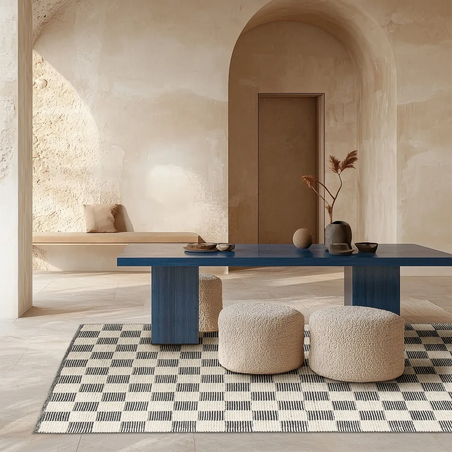 Tapis damier sous table à manger bleu