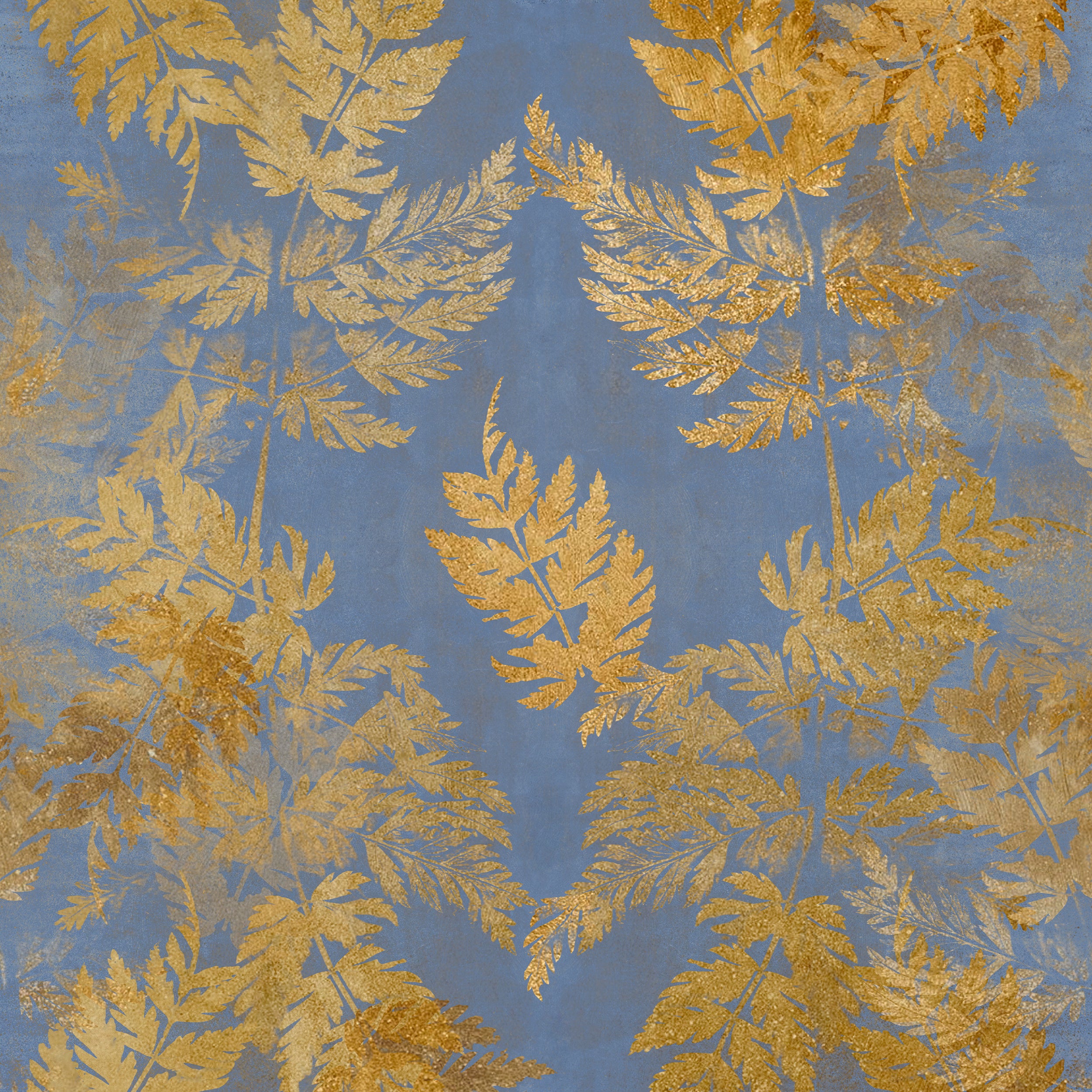 Papier peint bleu motif feuillage doré