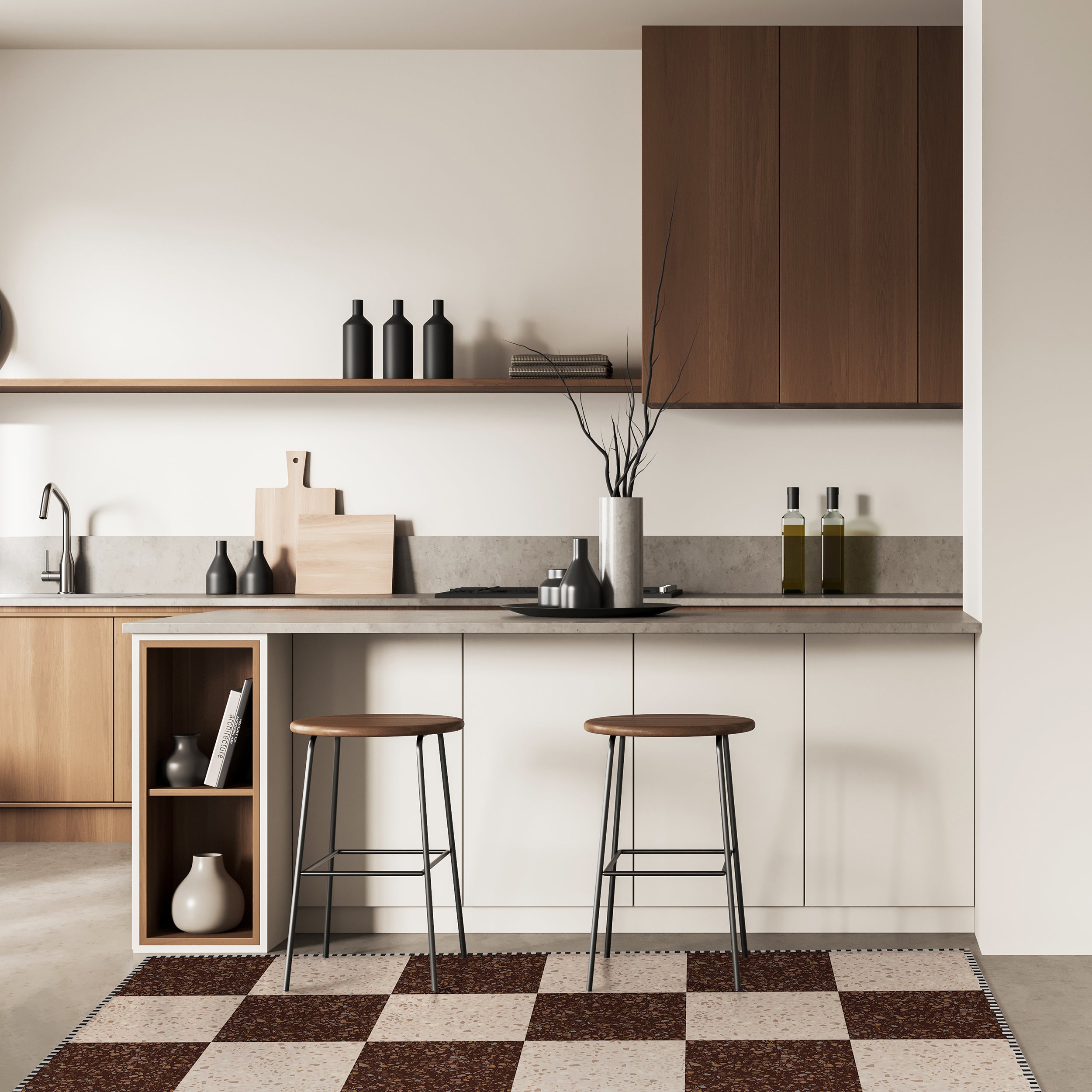 Beige and brown checkerboard vinyl rug