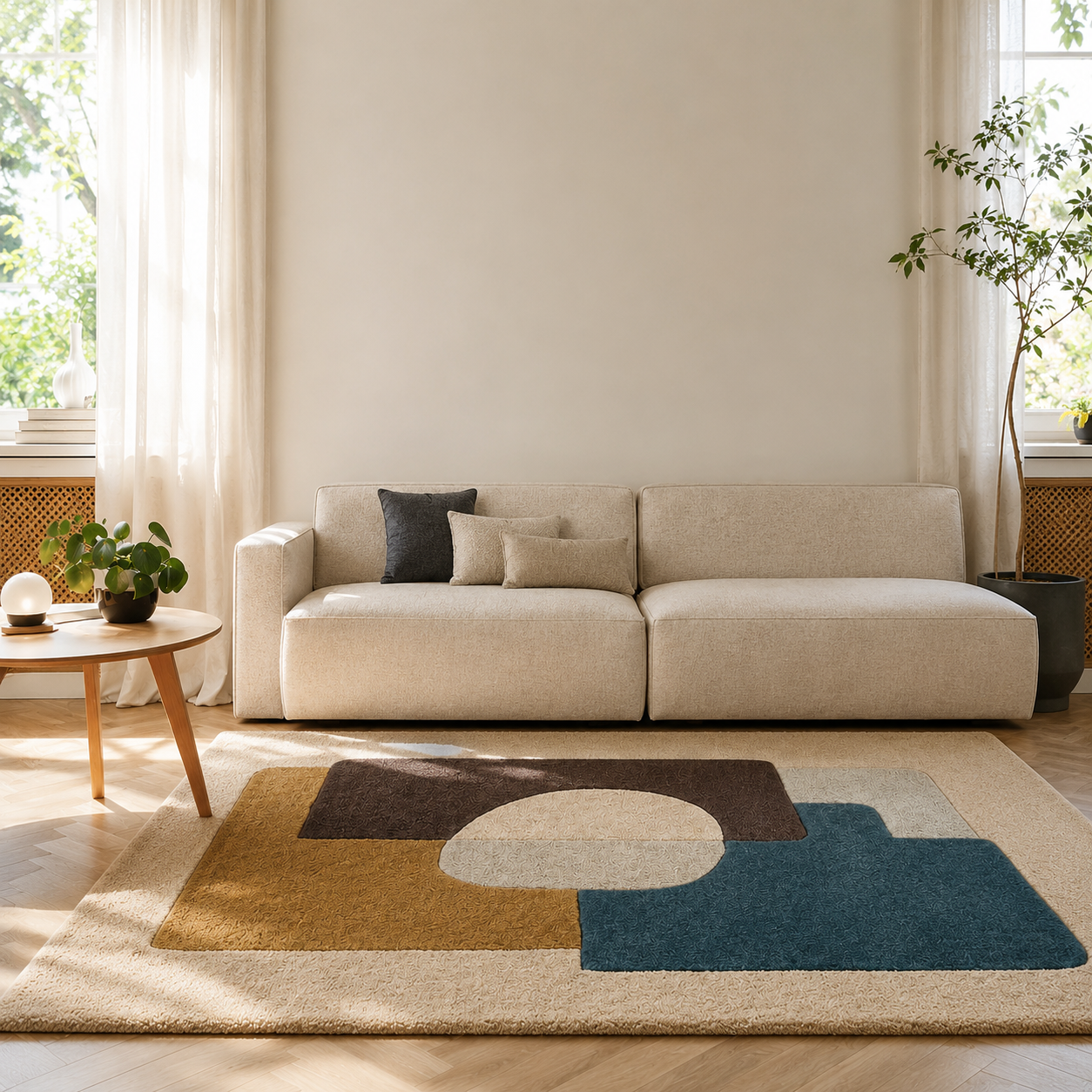 Tapis de salon en laine beige, moutarde et bleu