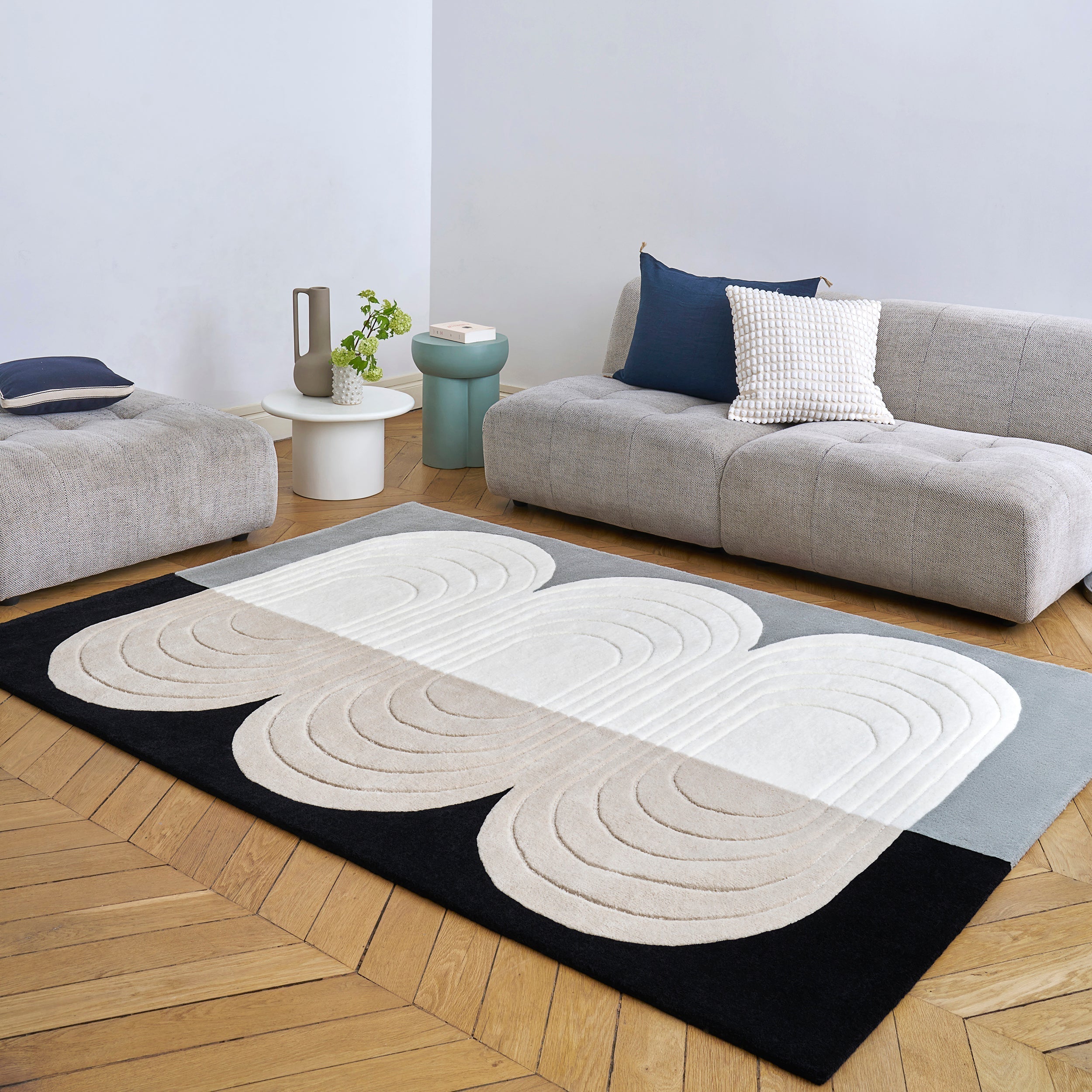 Tapis de salon en laine noir, gris et blanc
