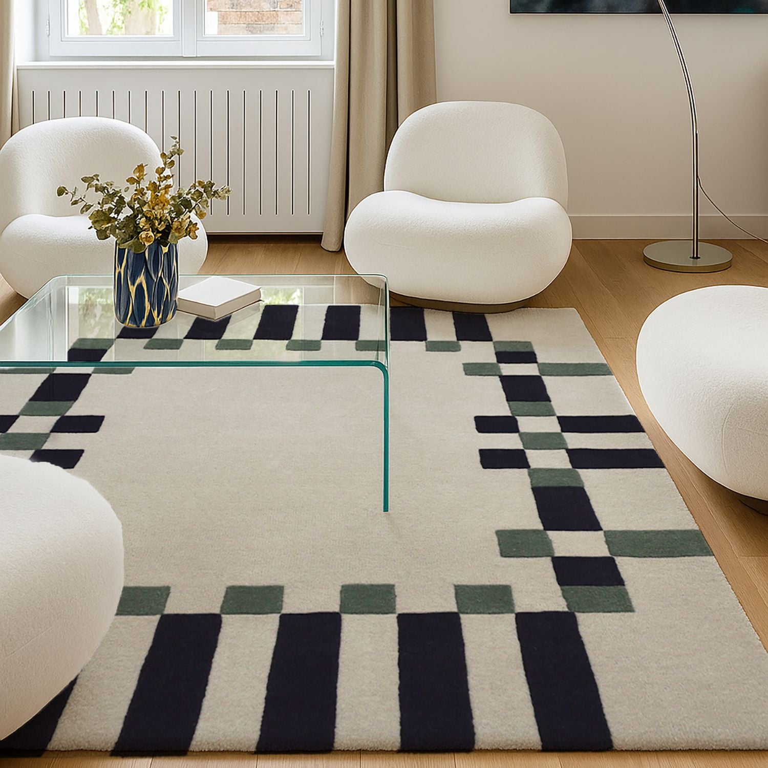 Tapis de salon en laine blanc, noir et vert