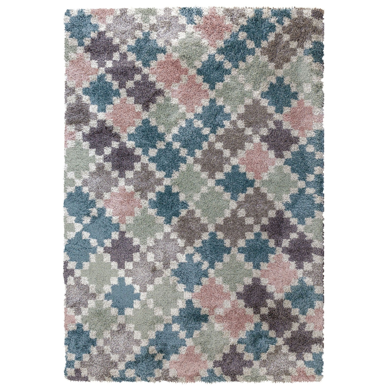 Tapis de salon ou chambre à poils long aux motifs graphiques de couleurs bleu, rose et vert