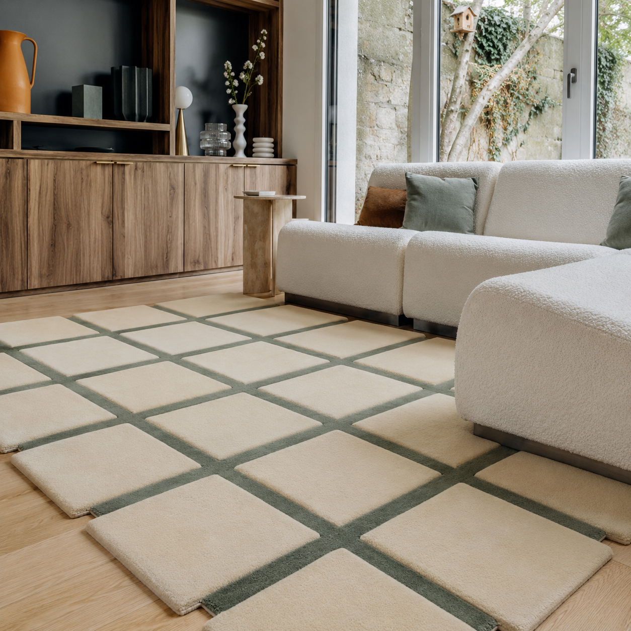 Tapis Damier crème et vert sauge