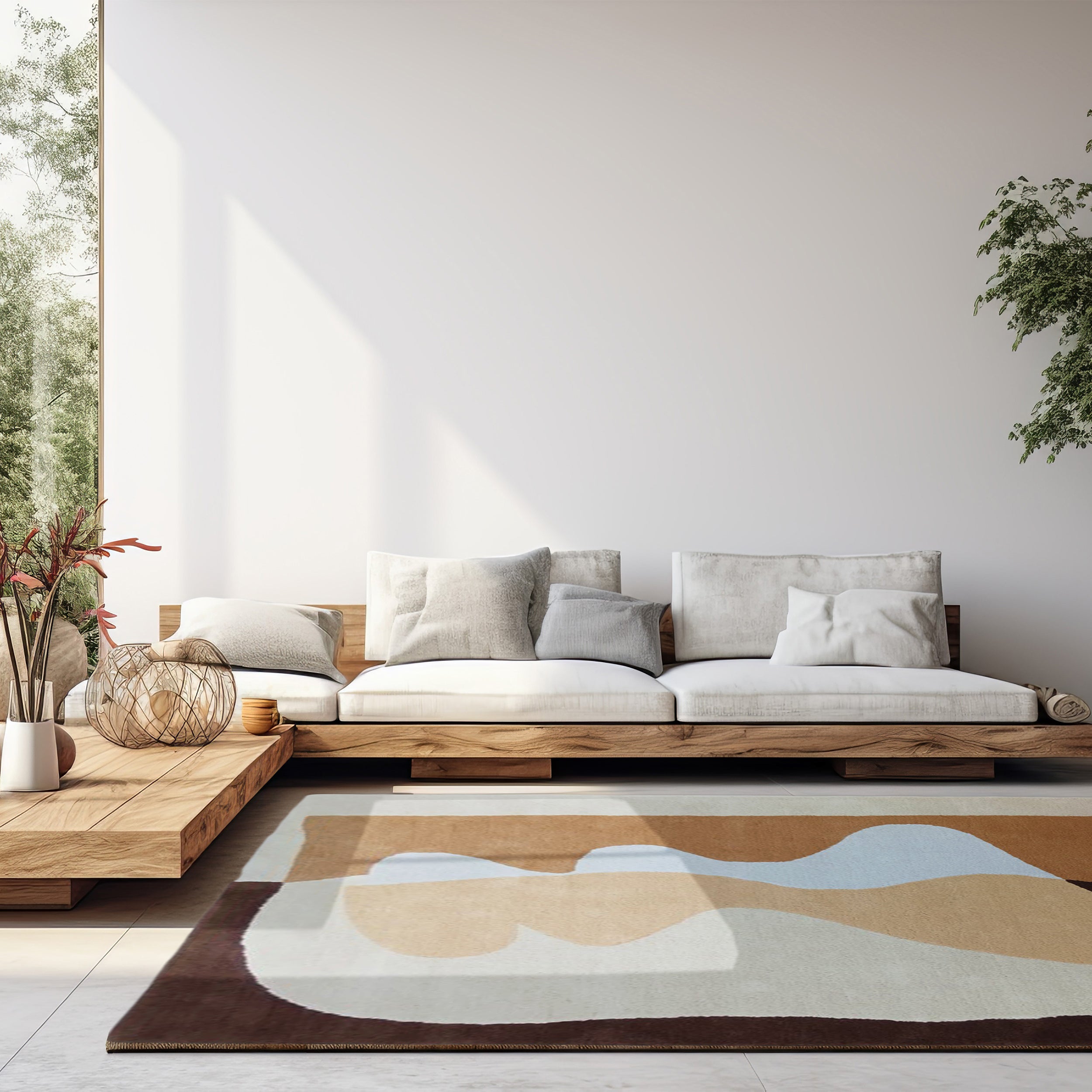 Tapis de salon en laine devant canapé  blanc et bois