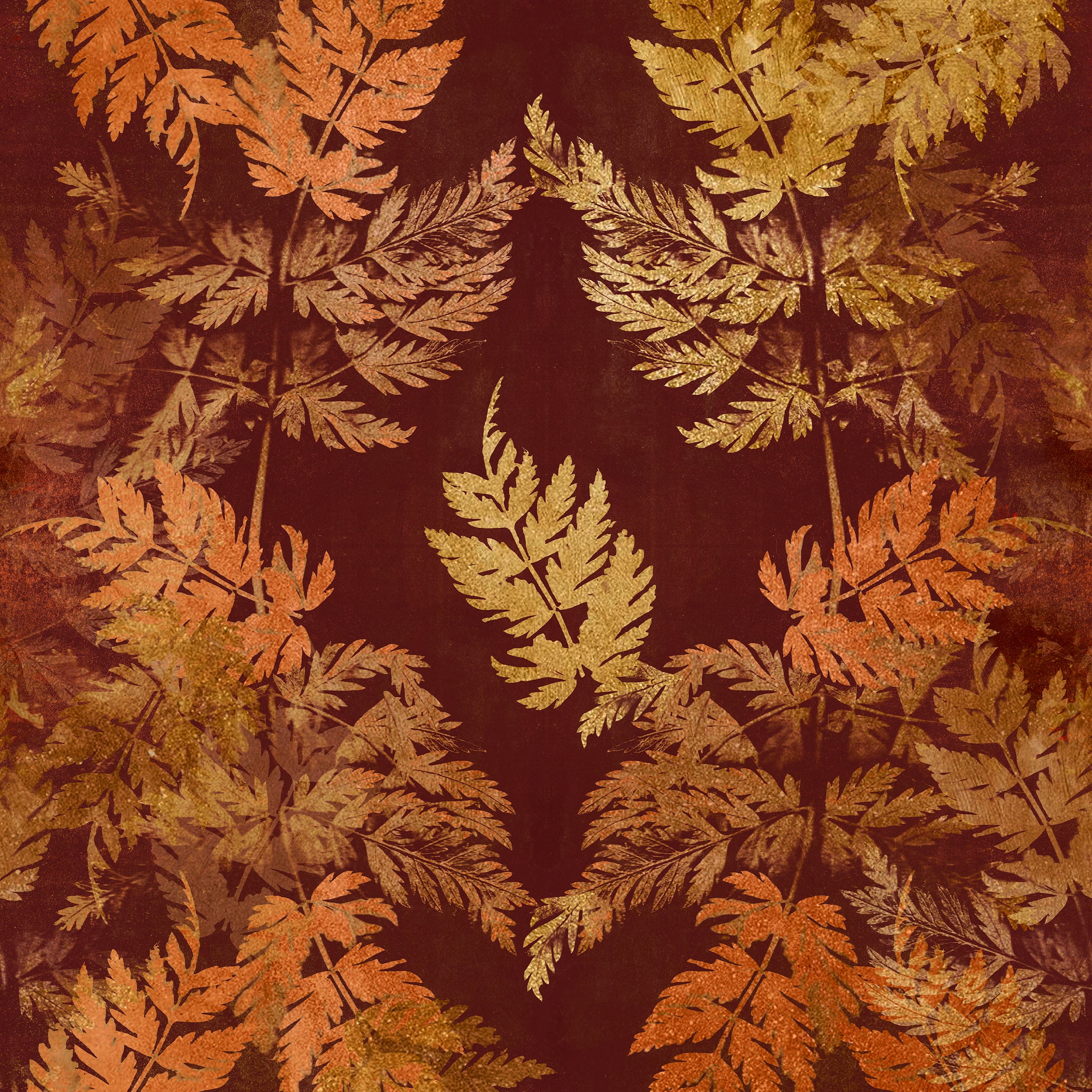 Papier peint rouge feuilles d'or