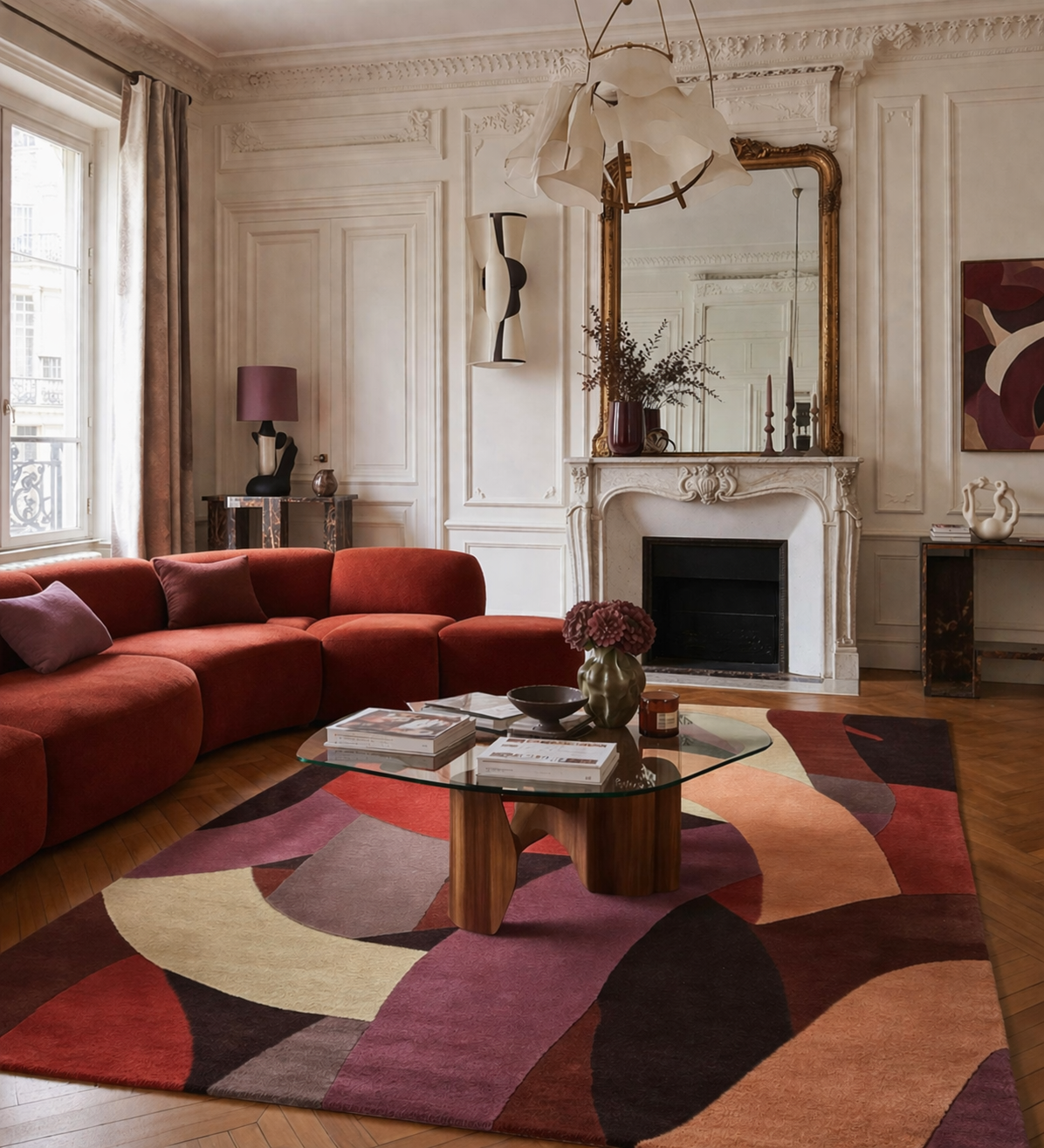 Tapis de salon rouge et terracotta en laine